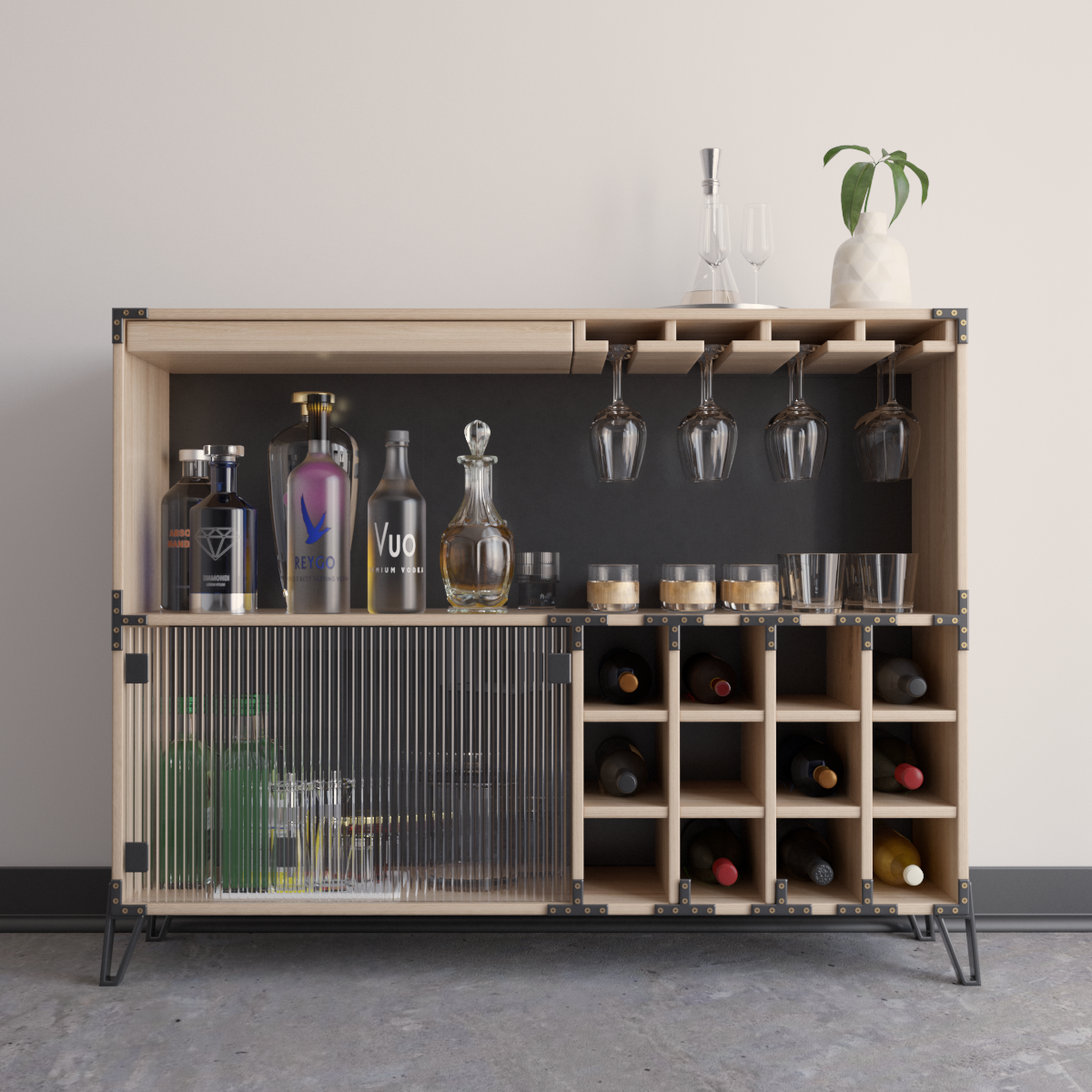 Bar Rock Medium de melamina Valle con puertas de vidrio acanalado, 120 x 90 cm - El Taller Once