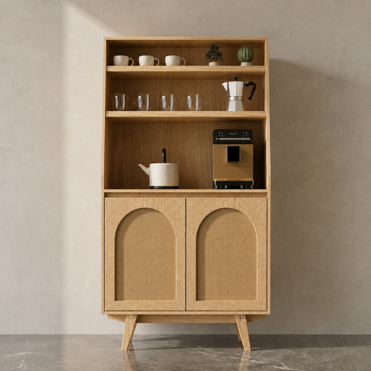 Coffee Bar Nórdico de enchapado de encina con puertas de yute, estación de café de 90 x 170 cm - El Taller Once