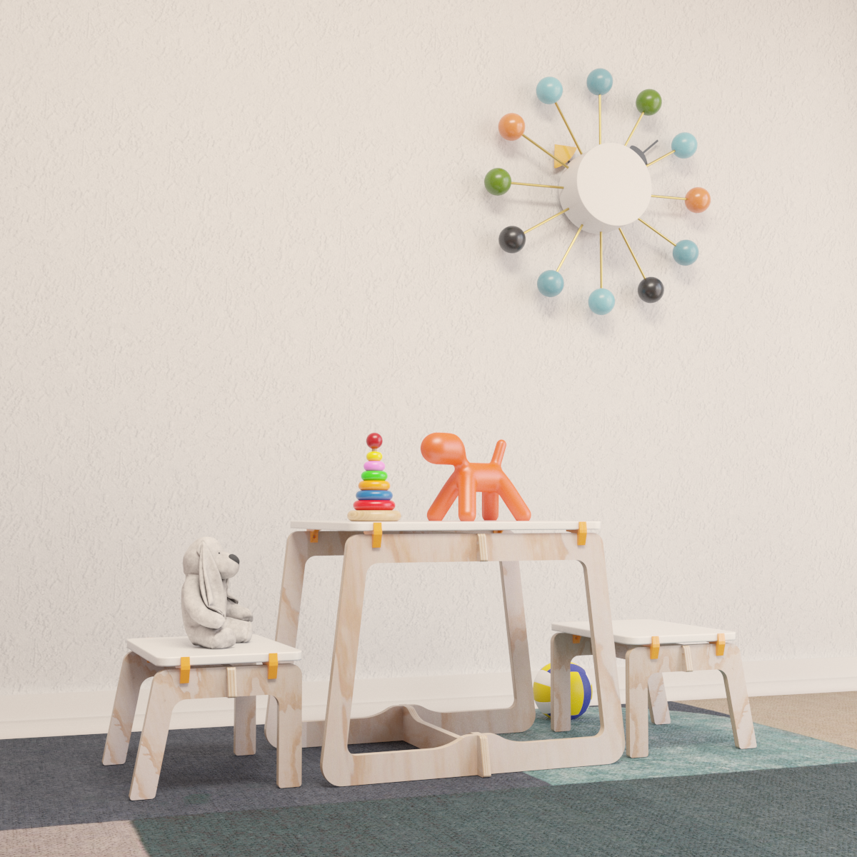MESA INFANTIL CON DOS BANCAS - Naranja
