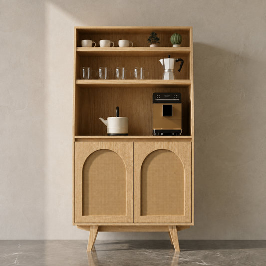 Coffee Bar Nórdico de enchapado de encina con puertas de yute, estación de café de 90 x 170 cm - El Taller Once