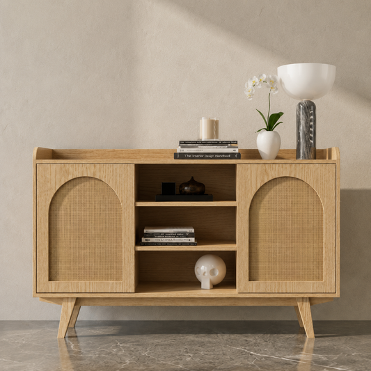 Rack de TV Nórdico con tres repisas abiertas y dos puertas de yute en enchapado de encina, 140 x 85 cm - El Taller Once